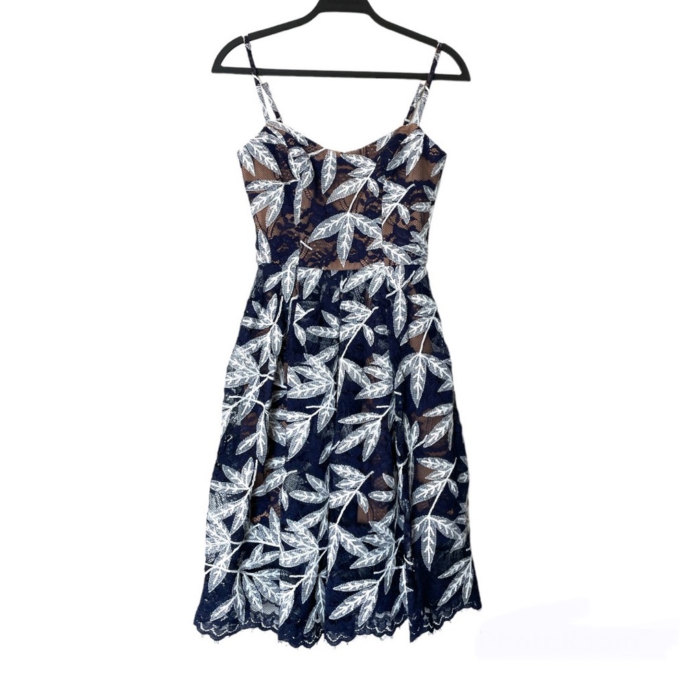 Dress the Population Blue- White Lace Leaf Design Spaghetti Strap Dress NWOT